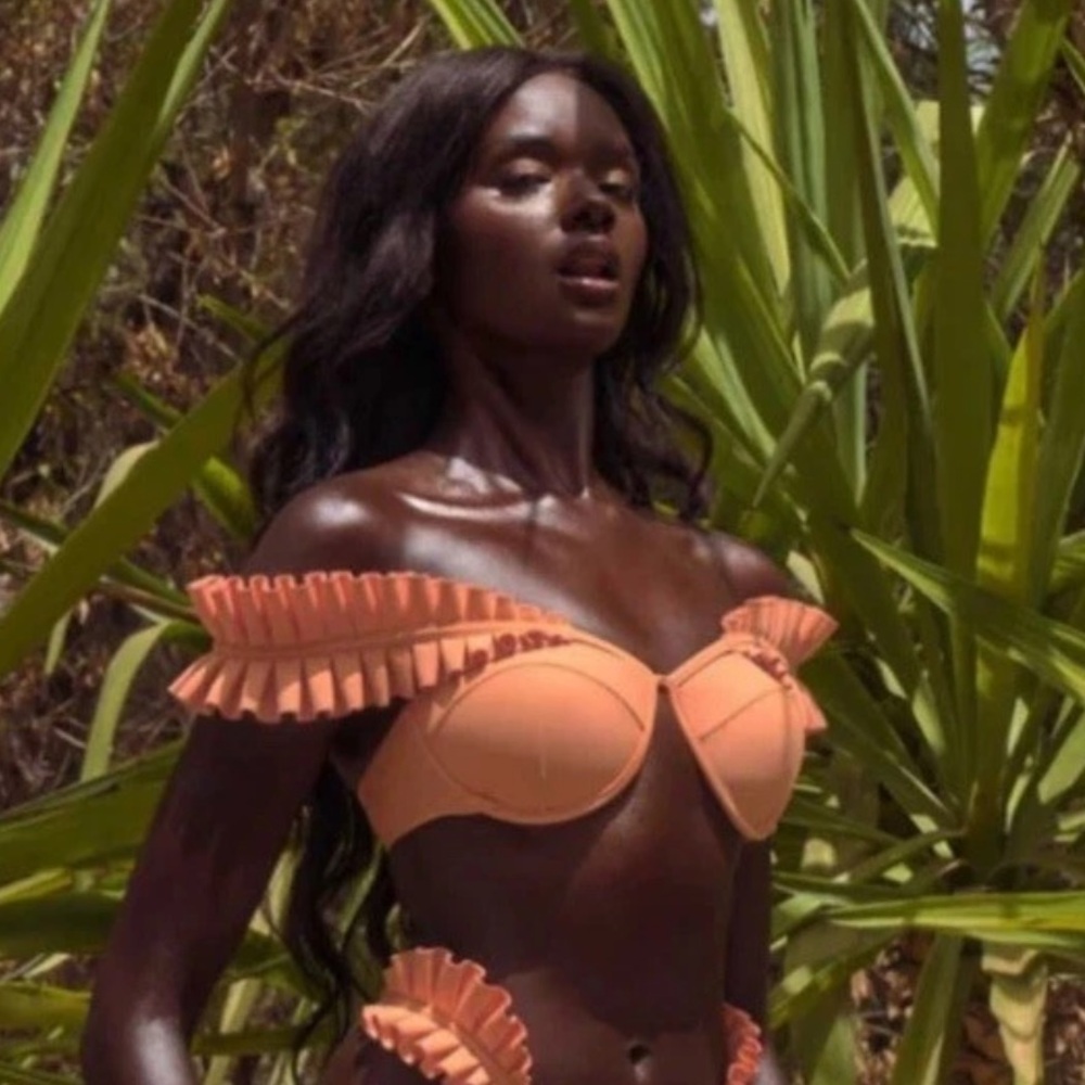 Andrea Iyamah Peach Ruffle Off-Shoulder Bikini